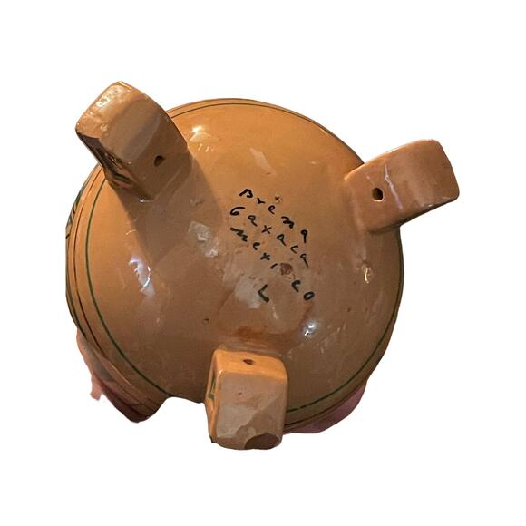 VINTAGE SMALL TERRA COTTA POT FROM MEXICO FEATURTING GREEN AND GOLD DRAWINGS - Picture 3 of 3